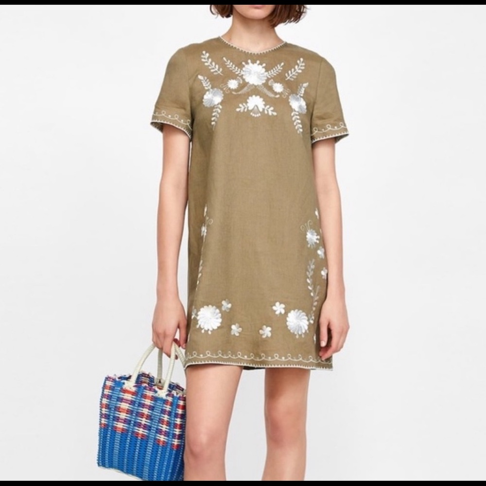 NWT ZARA Khaki linen embroidered dress xs